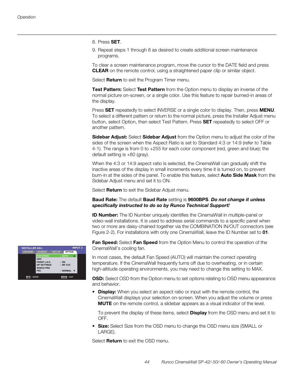 Test pattern, Sidebar adjust, Baud rate | Id number, Fan speed, Pre l iminar y | Runco SP-50 User Manual | Page 54 / 84