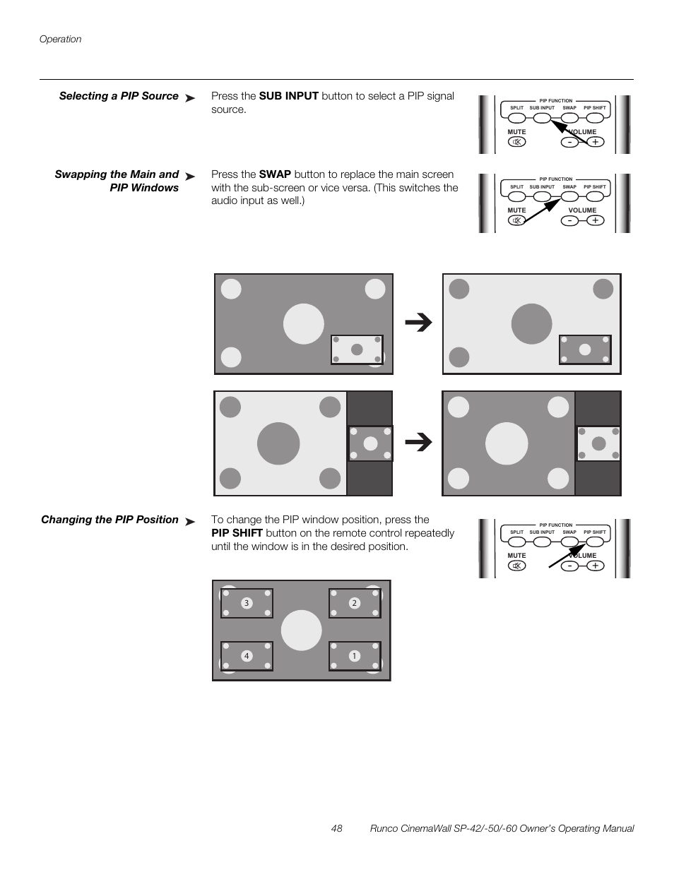 Selecting a pip source, Swapping the main and pip windows, Changing the pip position | Iminar, Pre l iminar y | Runco SP-50 User Manual | Page 58 / 84