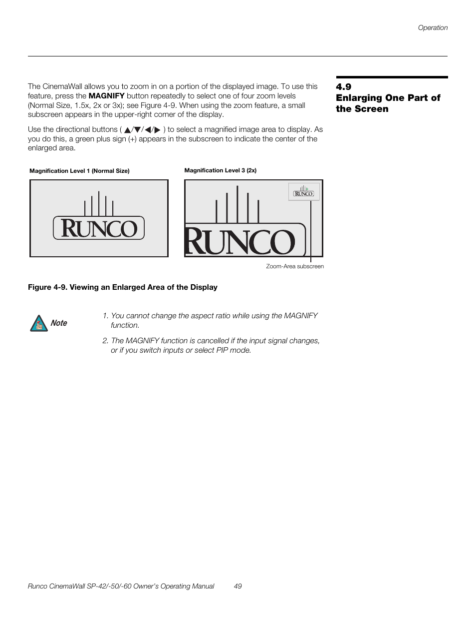 9 enlarging one part of the screen, Enlarging one part of the screen, 9. viewing an enlarged area of the display | Pre l iminar y | Runco SP-50 User Manual | Page 59 / 84