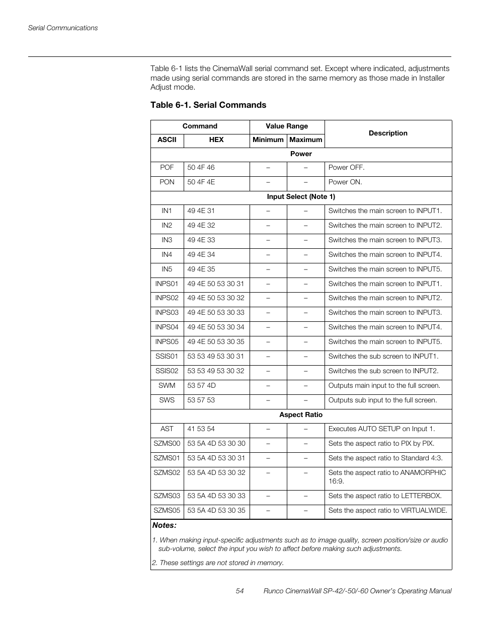 Table 6-1 . serial commands, Preli m inary | Runco SP-50 User Manual | Page 64 / 84