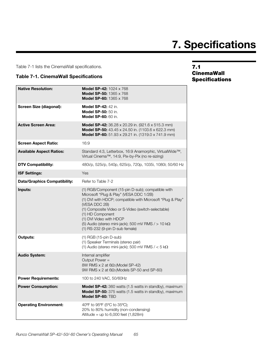 Specifications, 1 cinemawall specifications, Table 7-1 . cinemawall specifications | Cinemawall specifications, Pre l iminar y | Runco SP-50 User Manual | Page 75 / 84