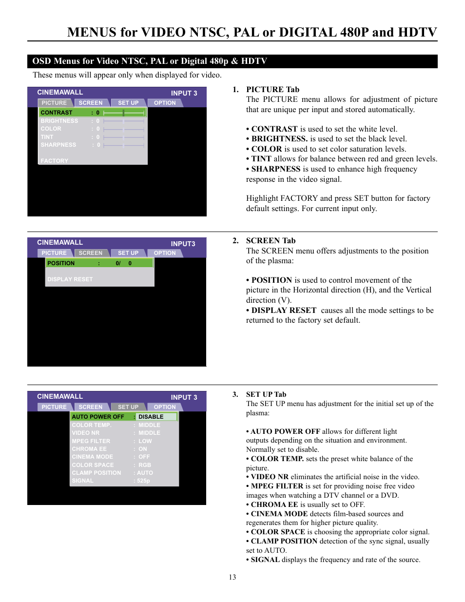 Menus for video ntsc, pal or digital 480p and hdtv | Runco CW-50MC User Manual | Page 14 / 36