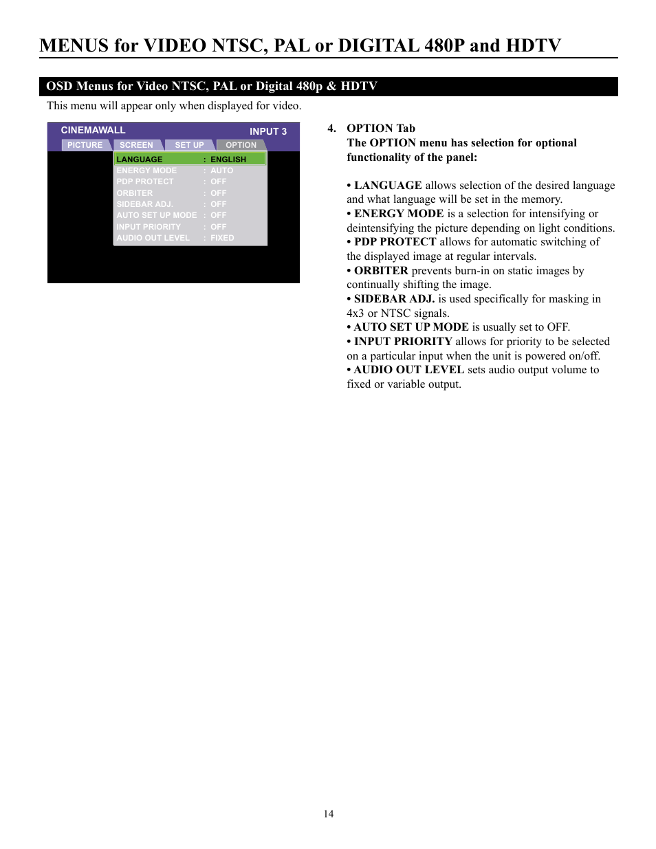 Menus for video ntsc, pal or digital 480p and hdtv | Runco CW-50MC User Manual | Page 15 / 36