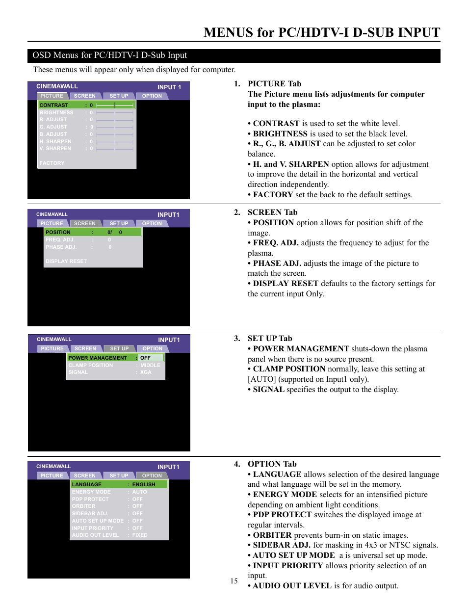 Menus for pc/hdtv-i d-sub input, Osd menus for pc/hdtv-i d-sub input | Runco CW-50MC User Manual | Page 16 / 36