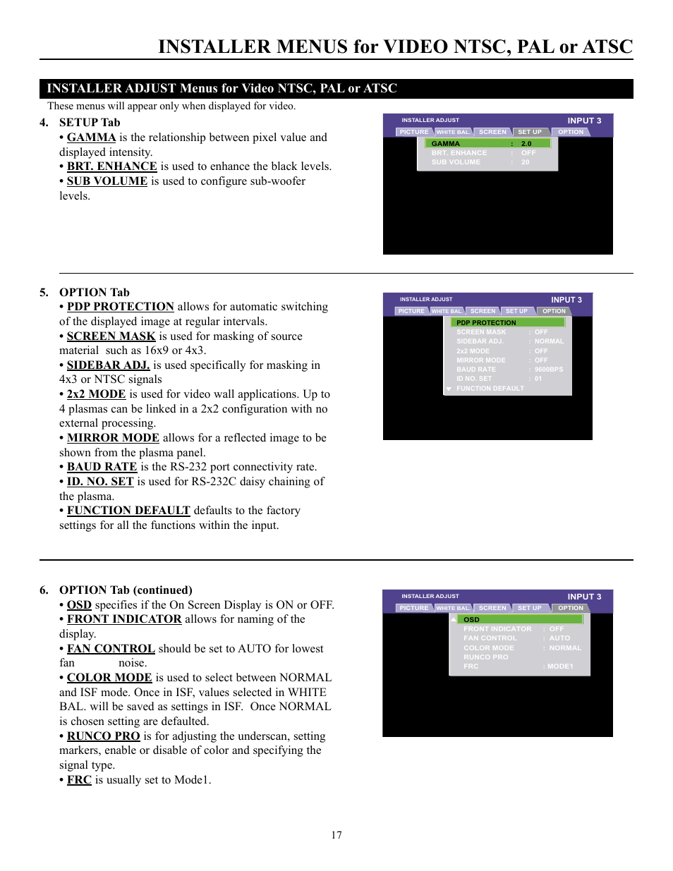 Installer menus for video ntsc, pal or atsc, Installer adjust menus for video ntsc, pal or atsc | Runco CW-50MC User Manual | Page 18 / 36