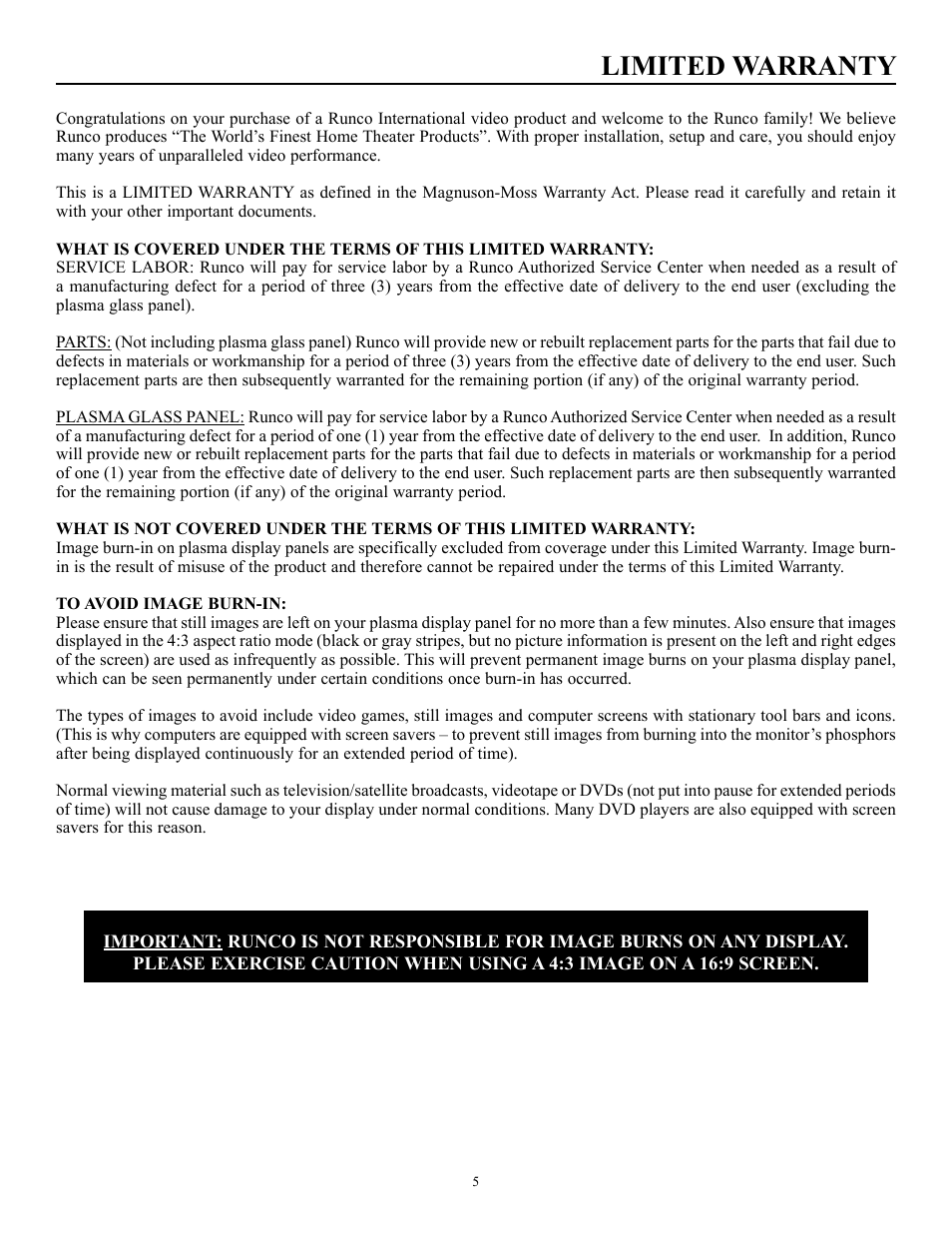 Limited warranty | Runco CW-50MC User Manual | Page 6 / 36