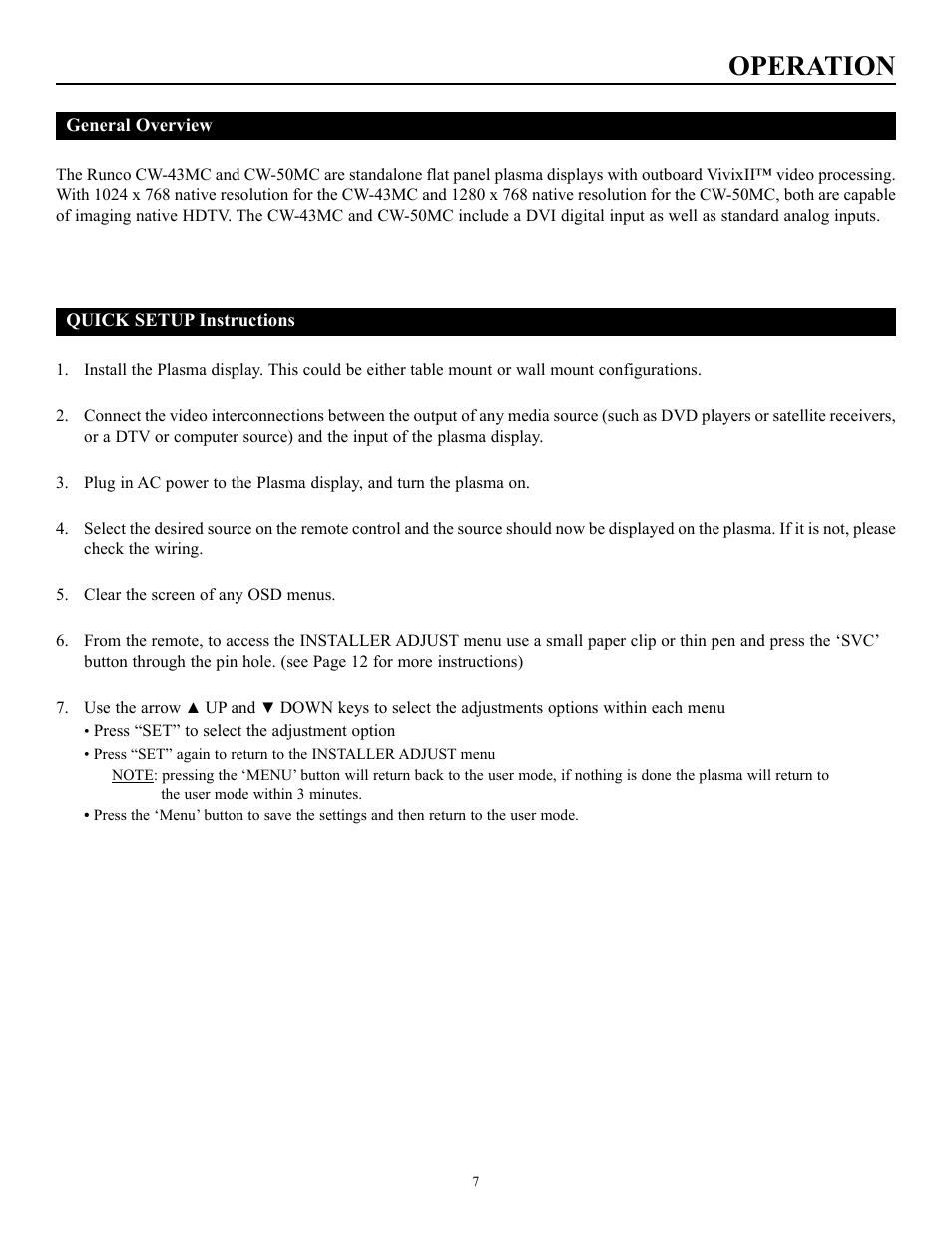 Operation | Runco CW-50MC User Manual | Page 8 / 36