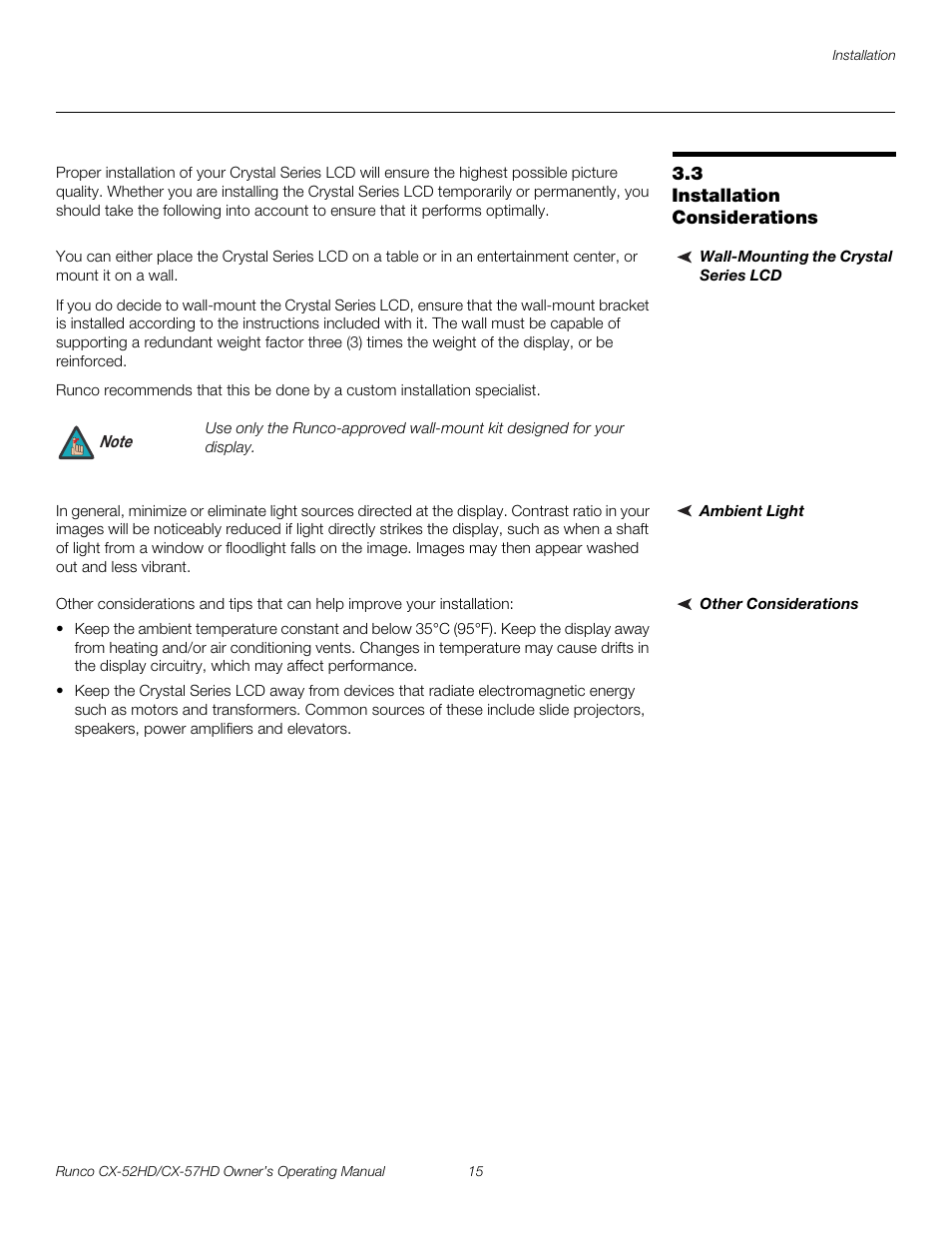 3 installation considerations, Wall-mounting the crystal series lcd, Ambient light | Other considerations, Installation considerations, Pre l iminar y | Runco CX-52HD User Manual | Page 27 / 76