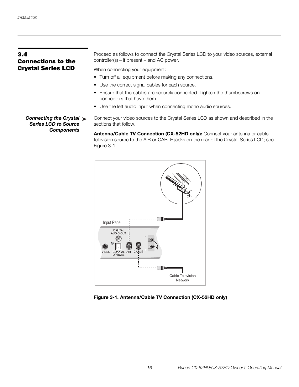 4 connections to the crystal series lcd, Antenna/cable tv connection (cx-52hd only), Connections to the crystal series lcd | 1. antenna/cable tv connection (cx-52hd only), Pre l iminar y | Runco CX-52HD User Manual | Page 28 / 76