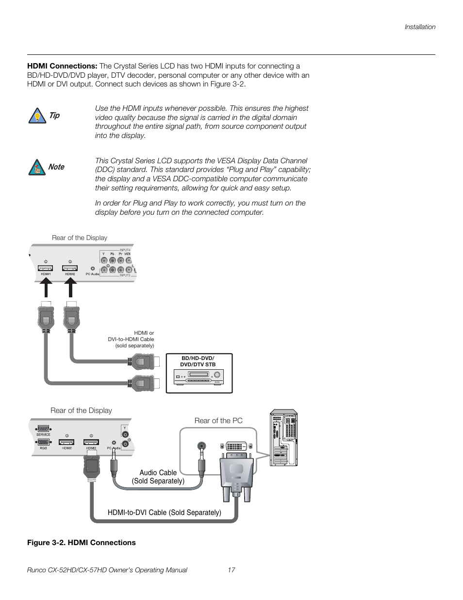 Hdmi connections, Figure 3-2 . hdmi connections, 2. hdmi connections | Pre l iminar y | Runco CX-52HD User Manual | Page 29 / 76