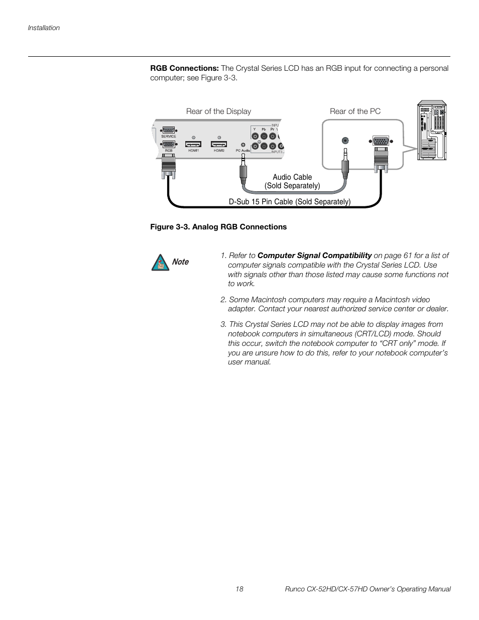 Rgb connections, Figure 3-3 . analog rgb connections, 3. analog rgb connections | Pre l iminar y | Runco CX-52HD User Manual | Page 30 / 76