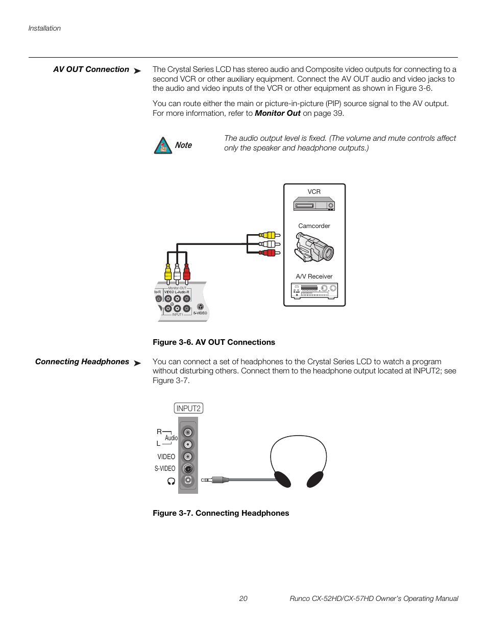 Av out connection, Figure 3-6 . av out connections, Connecting headphones | Figure 3-7 . connecting headphones, 6. av out connections, 7. connecting headphones, Pre l iminar y | Runco CX-52HD User Manual | Page 32 / 76