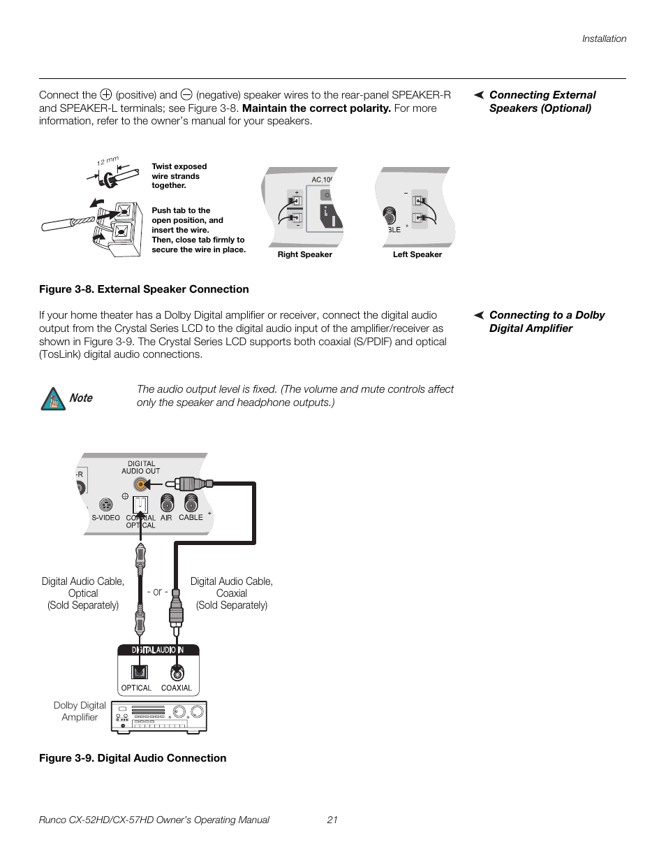 Connecting external speakers (optional), Figure 3-8 . external speaker connection, Connecting to a dolby digital amplifier | Figure 3-9 . digital audio connection, 8. external speaker connection, 9. digital audio connection, Pre l iminar y | Runco CX-52HD User Manual | Page 33 / 76