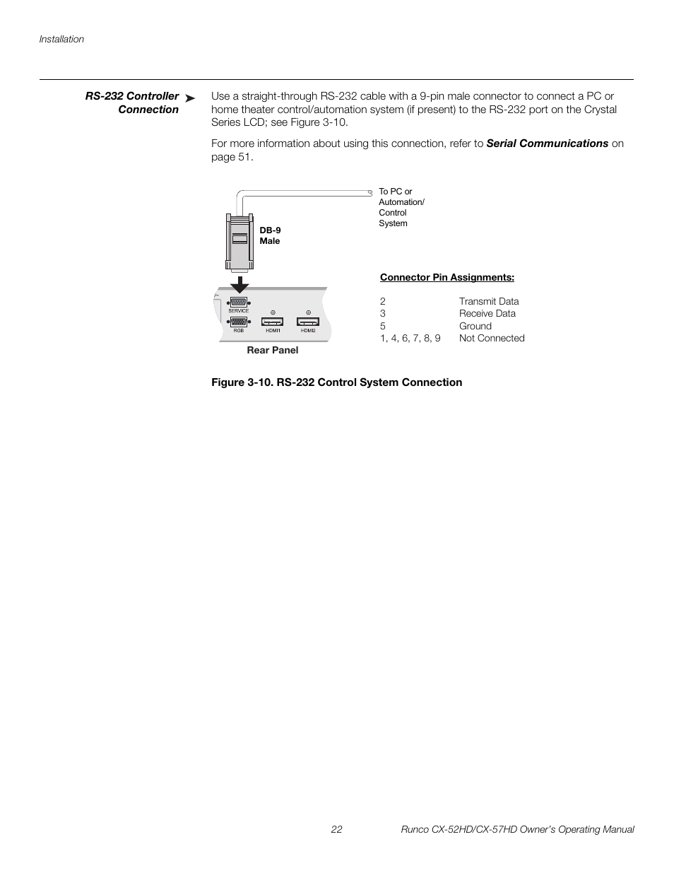 Rs-232 controller connection, Figure 3-10 . rs-232 control system connection, 10. rs-232 control system connection | Pre l iminar y | Runco CX-52HD User Manual | Page 34 / 76