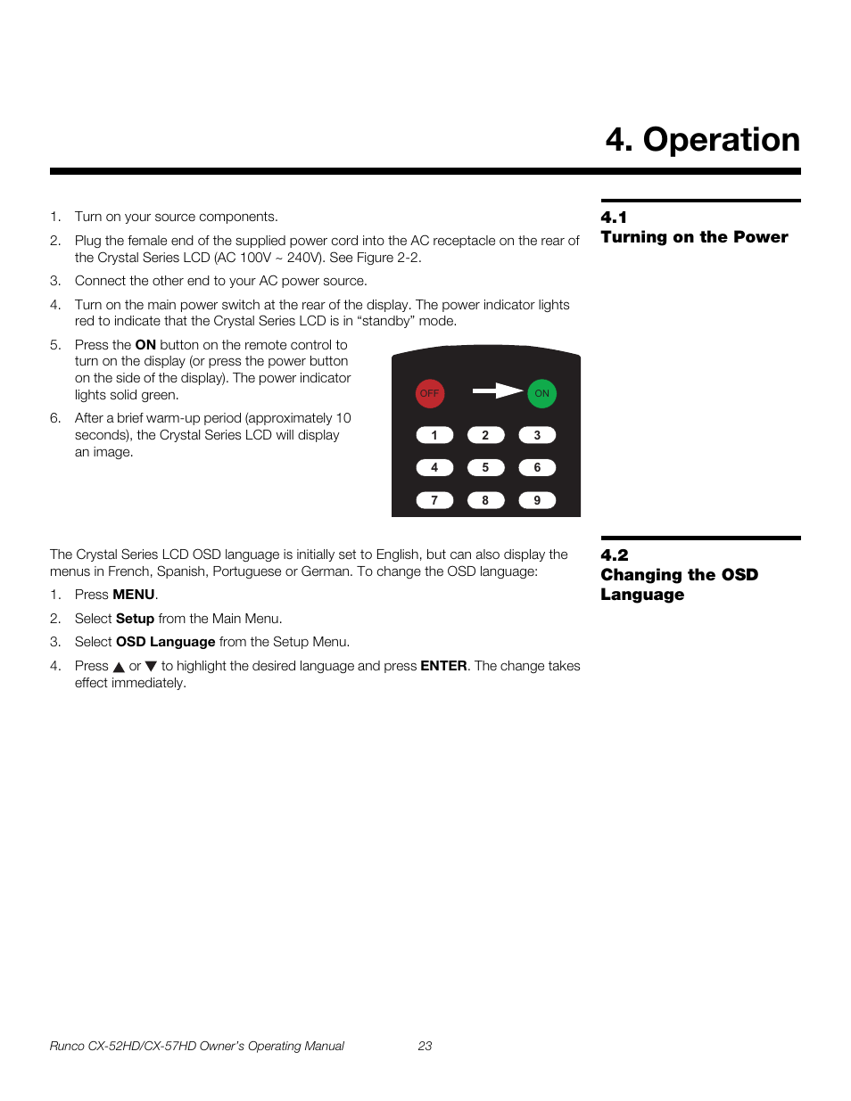 Operation, 1 turning on the power, 2 changing the osd language | Turning on the power, Changing the osd language, Pre l iminar y | Runco CX-52HD User Manual | Page 35 / 76