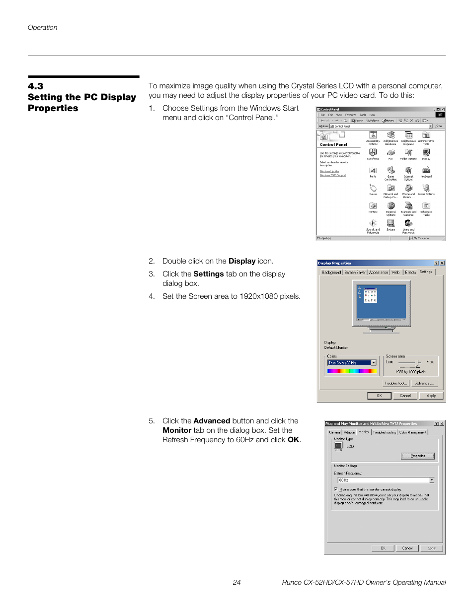 3 setting the pc display properties, Setting the pc display properties, Pre l iminar y | Runco CX-52HD User Manual | Page 36 / 76