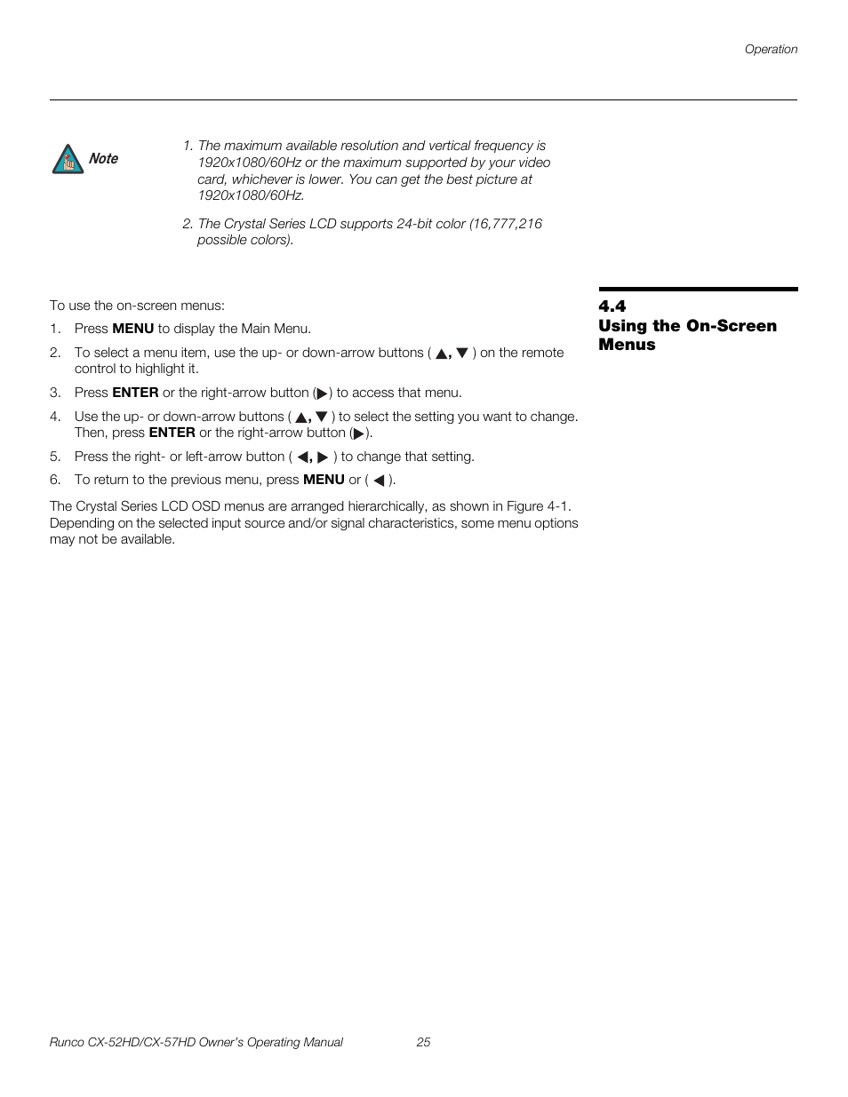 4 using the on-screen menus, Using the on-screen menus, Pre l iminar y | Runco CX-52HD User Manual | Page 37 / 76