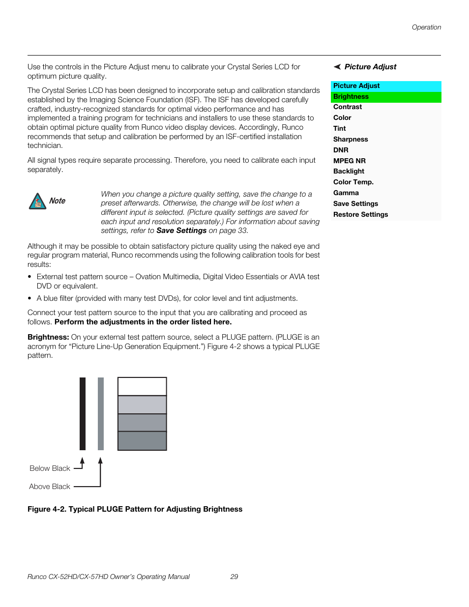 Picture adjust, Brightness, 2. typical pluge pattern for adjusting brightness | Pre l iminar y | Runco CX-52HD User Manual | Page 41 / 76