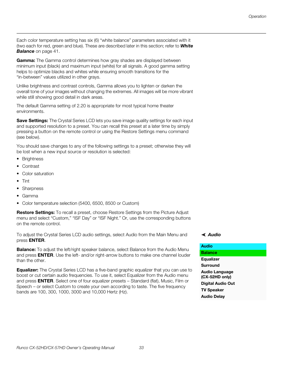 Gamma, Save settings, Restore settings | Audio, Balance, Equalizer, Pre l iminar y | Runco CX-52HD User Manual | Page 45 / 76