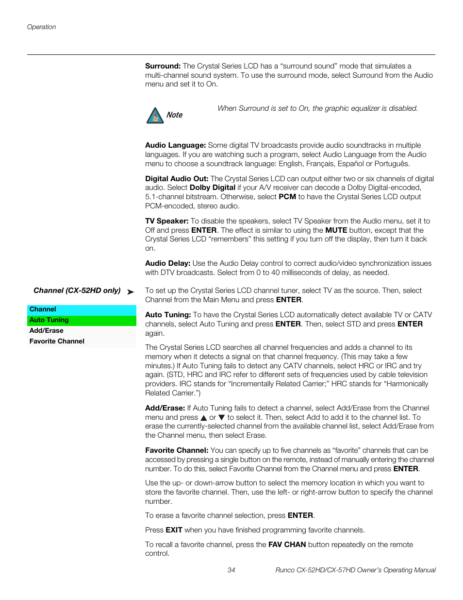Surround, Audio language, Digital audio out | Tv speaker, Audio delay, Channel (cx-52hd only), Auto tuning, Add/erase, Favorite channel, Pre l iminar y | Runco CX-52HD User Manual | Page 46 / 76