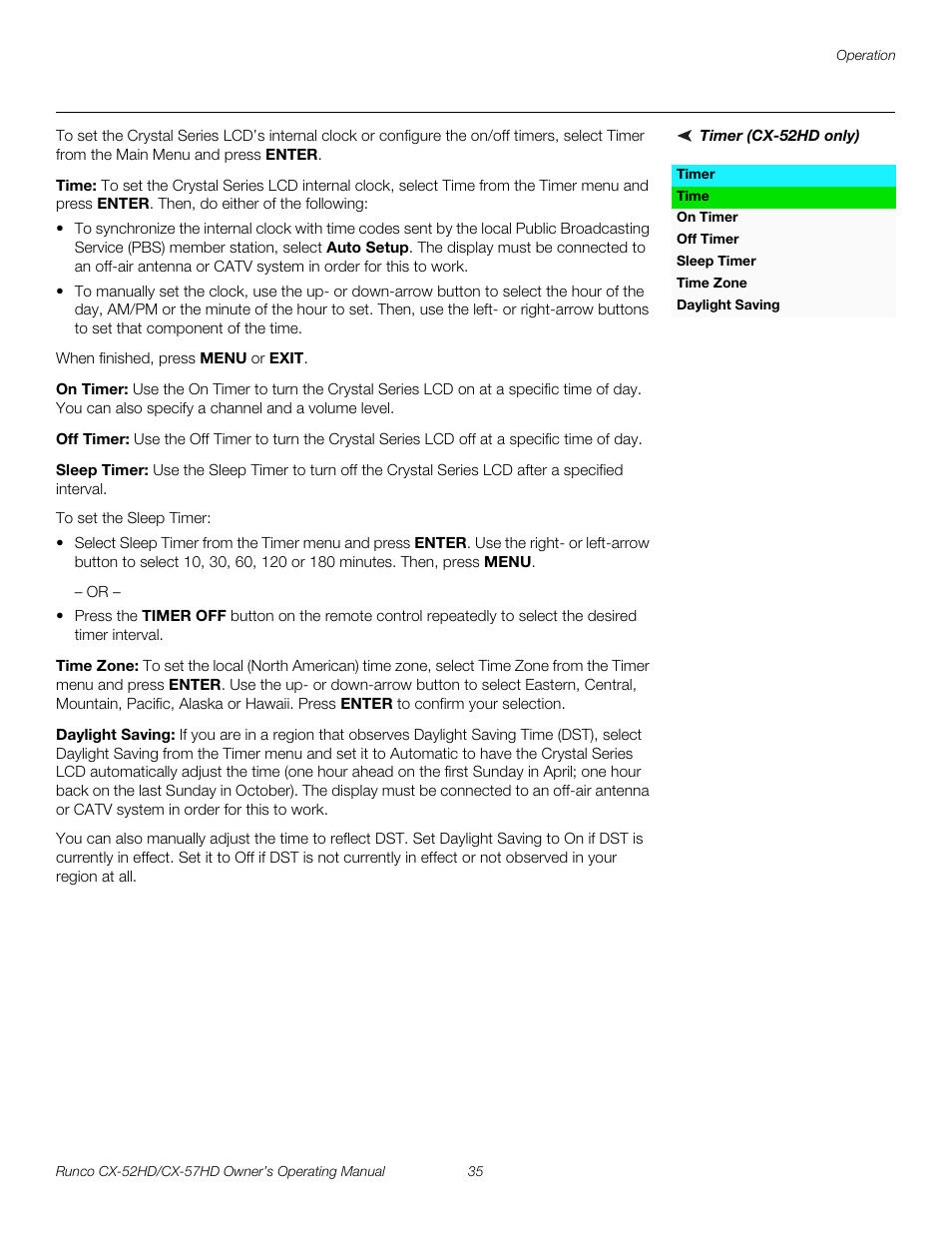 Timer (cx-52hd only), Time, On timer | Off timer, Sleep timer, Time zone, Daylight saving, Pre l iminar y | Runco CX-52HD User Manual | Page 47 / 76