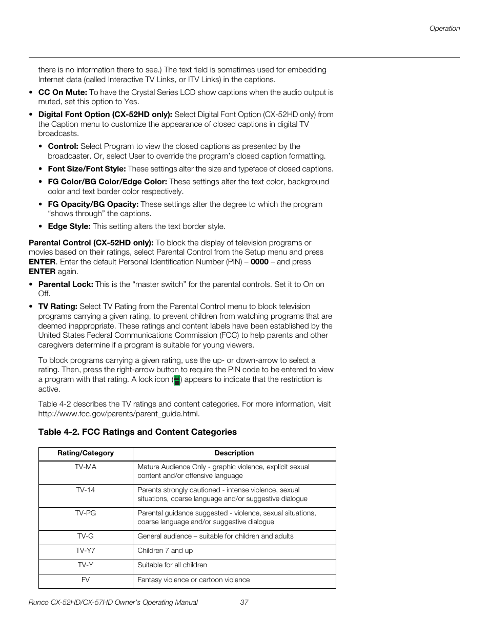 Parental control (cx-52hd only), Table 4-2 . fcc ratings and content categories, Pre l iminar y | Runco CX-52HD User Manual | Page 49 / 76