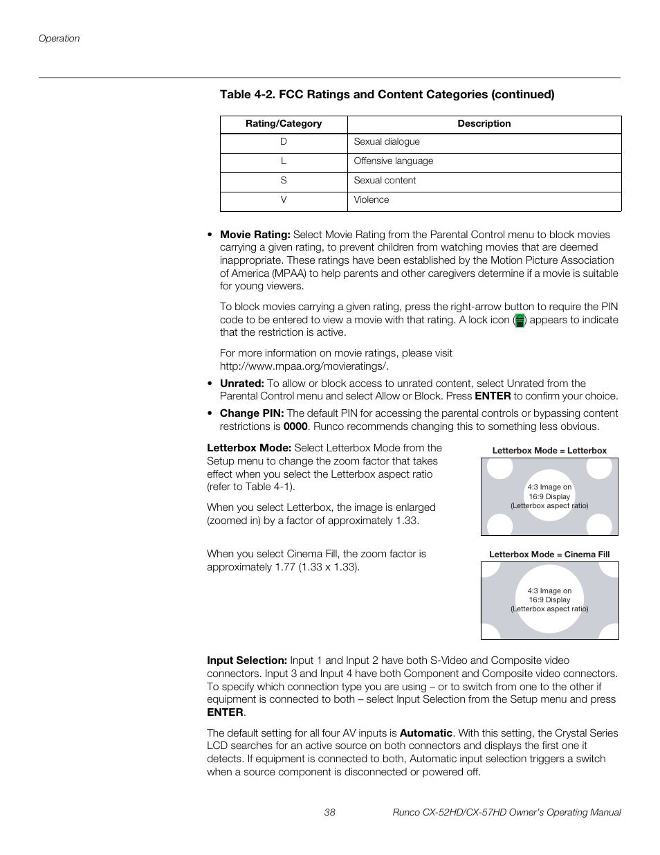 Letterbox mode, Input selection, Pre l iminar y | Runco CX-52HD User Manual | Page 50 / 76