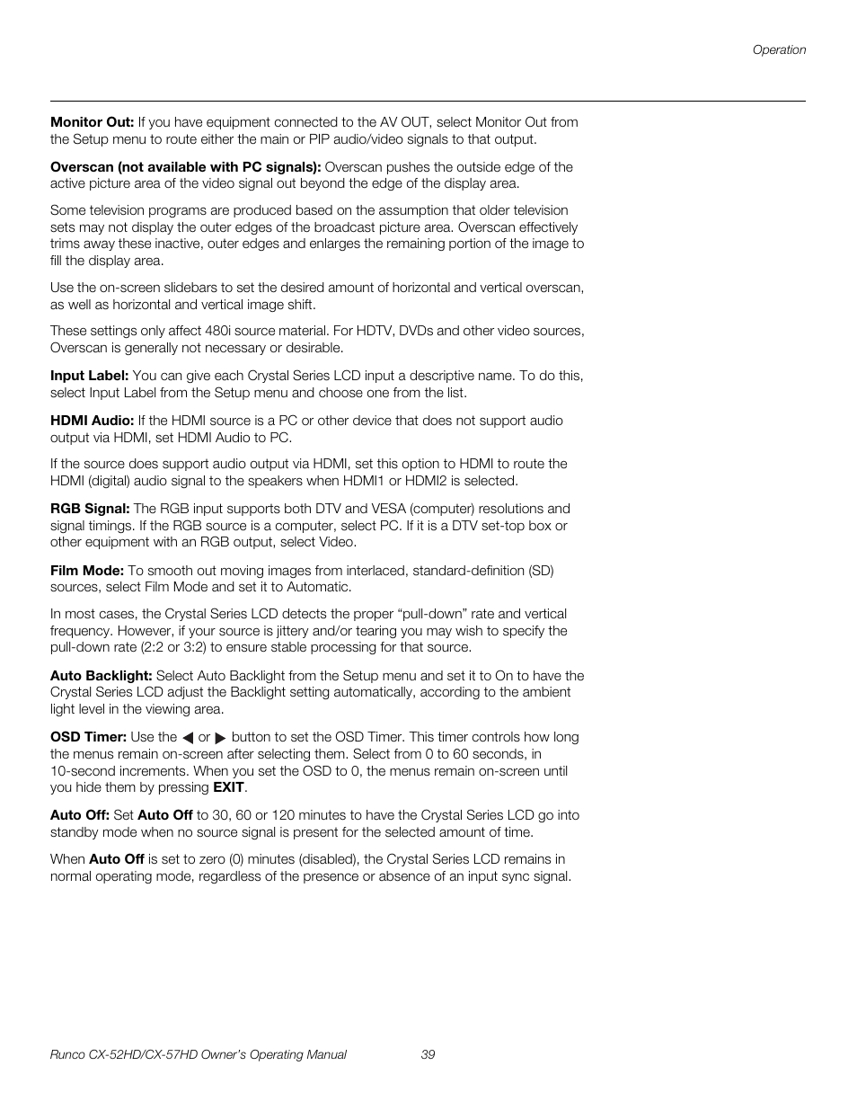 Monitor out, Overscan (not available with pc signals), Input label | Hdmi audio, Rgb signal, Film mode, Auto backlight, Osd timer, Auto off, H 39 | Runco CX-52HD User Manual | Page 51 / 76