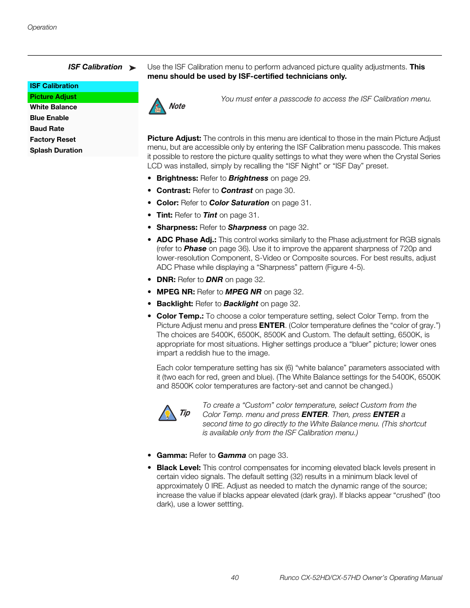 Isf calibration, Picture adjust, Pre l iminar y | Runco CX-52HD User Manual | Page 52 / 76