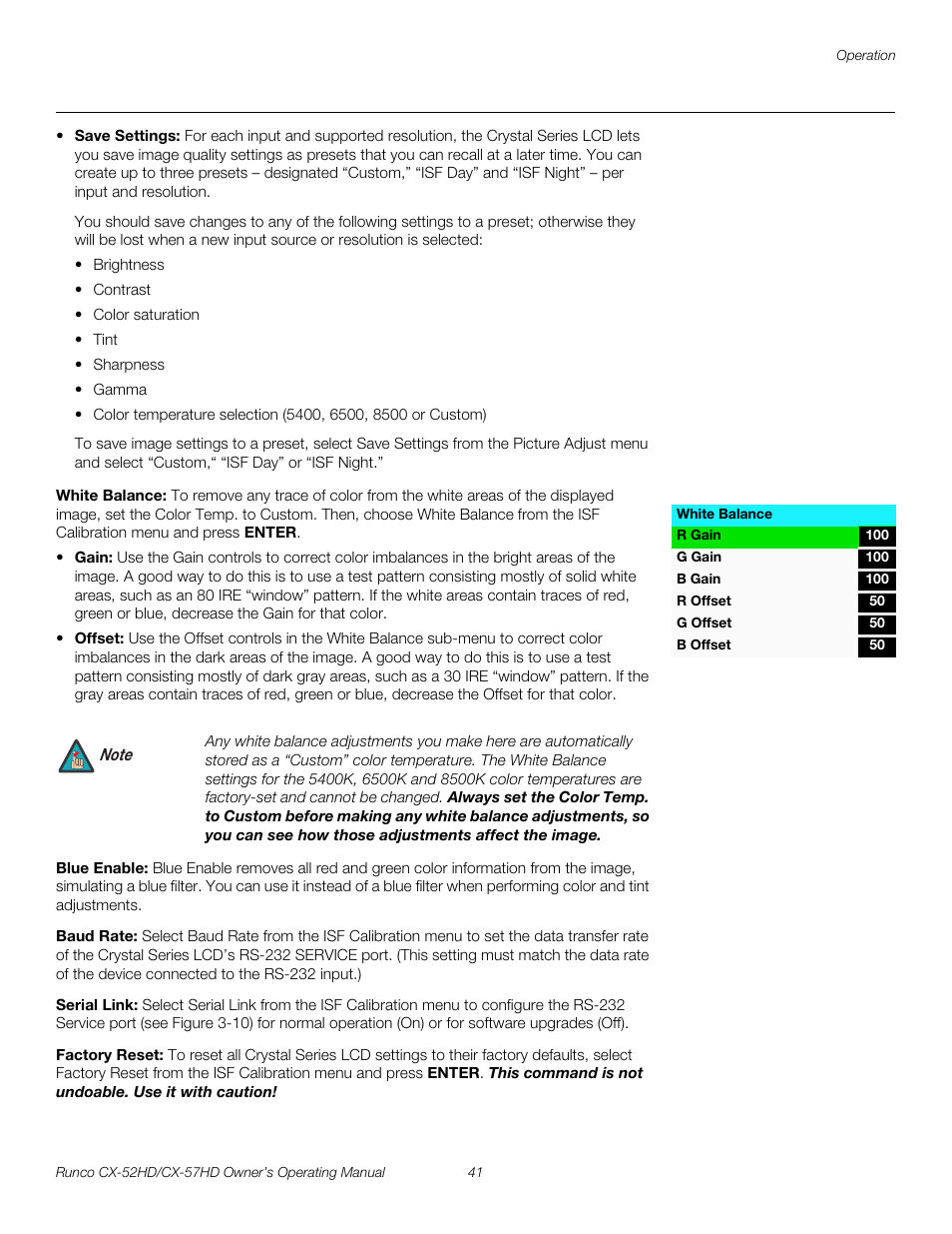 White balance, Blue enable, Baud rate | Serial link, Factory reset, Pre l iminar y | Runco CX-52HD User Manual | Page 53 / 76