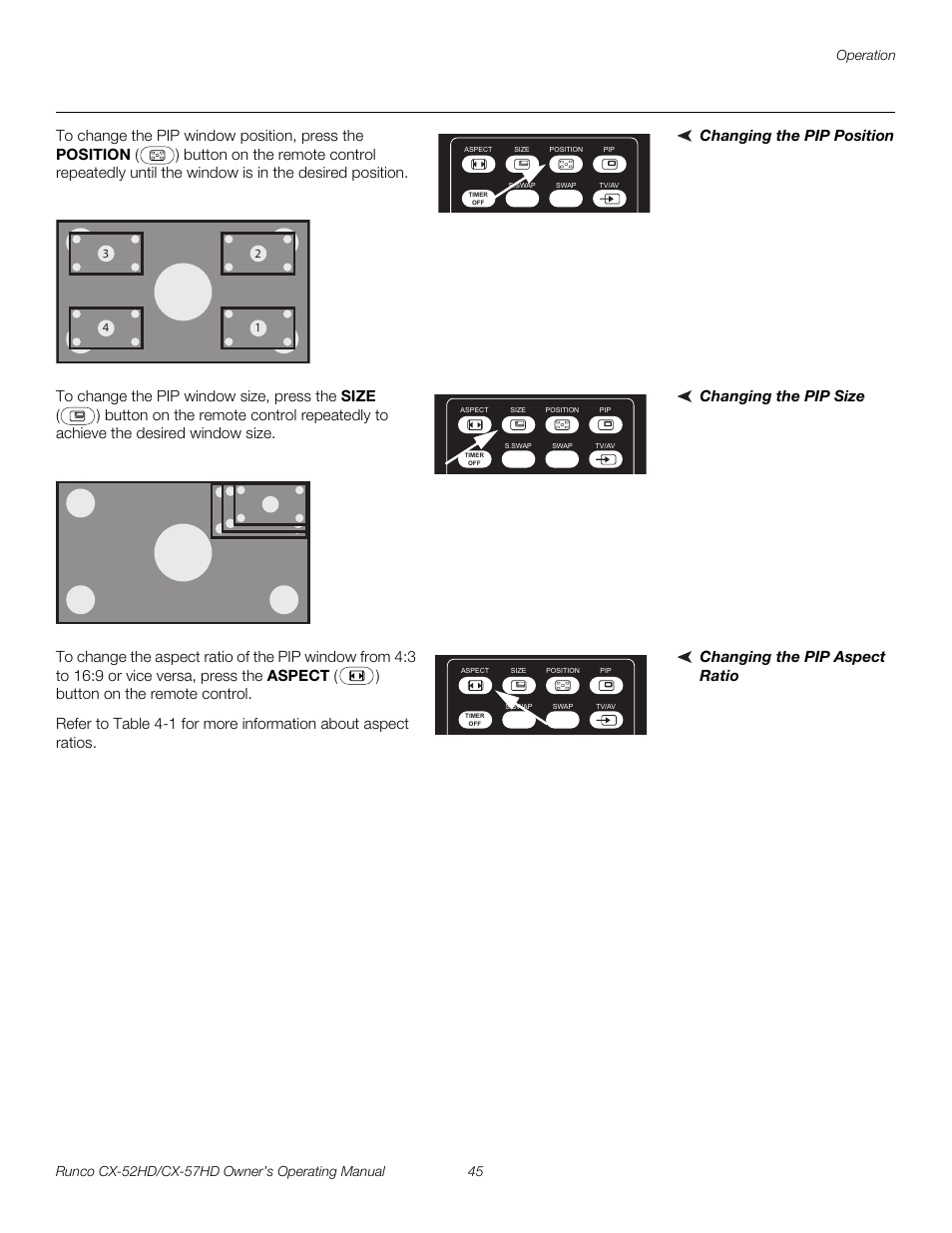 Changing the pip position, Changing the pip size, Changing the pip aspect ratio | Iminar, Pre l iminar y | Runco CX-52HD User Manual | Page 57 / 76