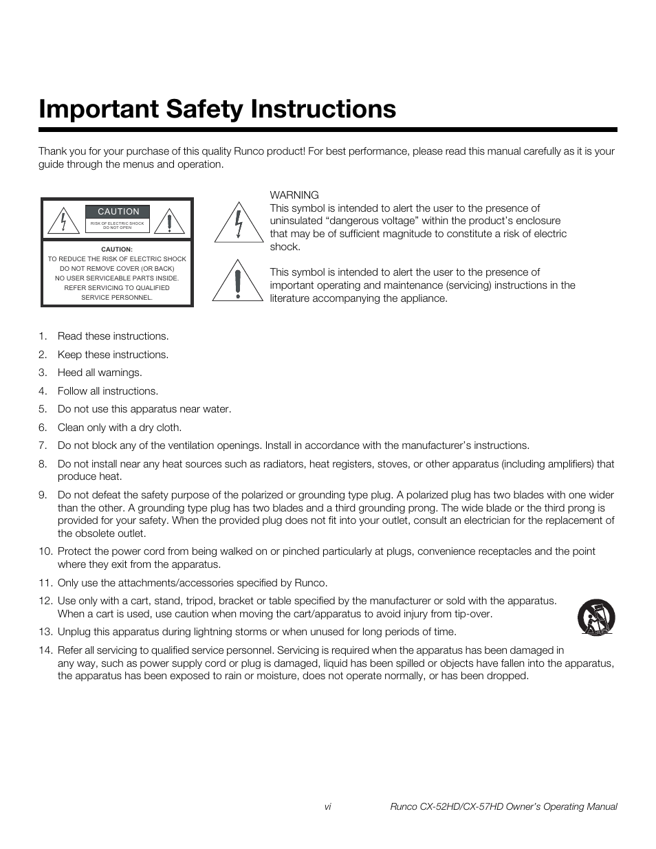 Important safety instructions, Pre l iminar y | Runco CX-52HD User Manual | Page 6 / 76