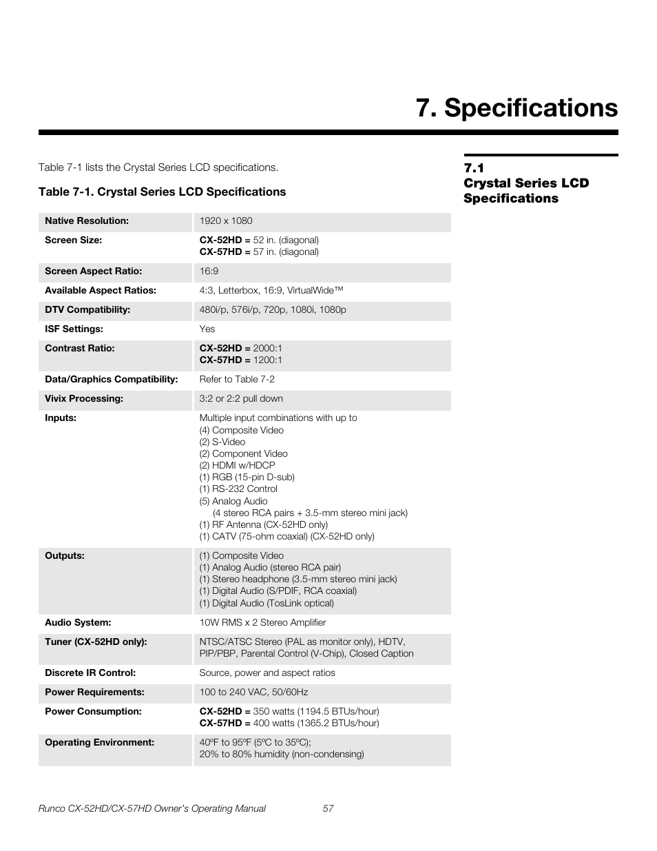 Specifications, 1 crystal series lcd specifications, Table 7-1 . crystal series lcd specifications | Crystal series lcd specifications, Pre l iminar y | Runco CX-52HD User Manual | Page 69 / 76