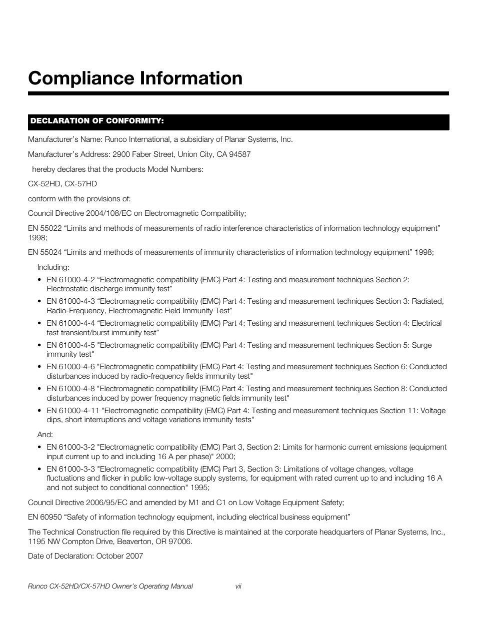 Compliance information, Pre l iminar y | Runco CX-52HD User Manual | Page 7 / 76