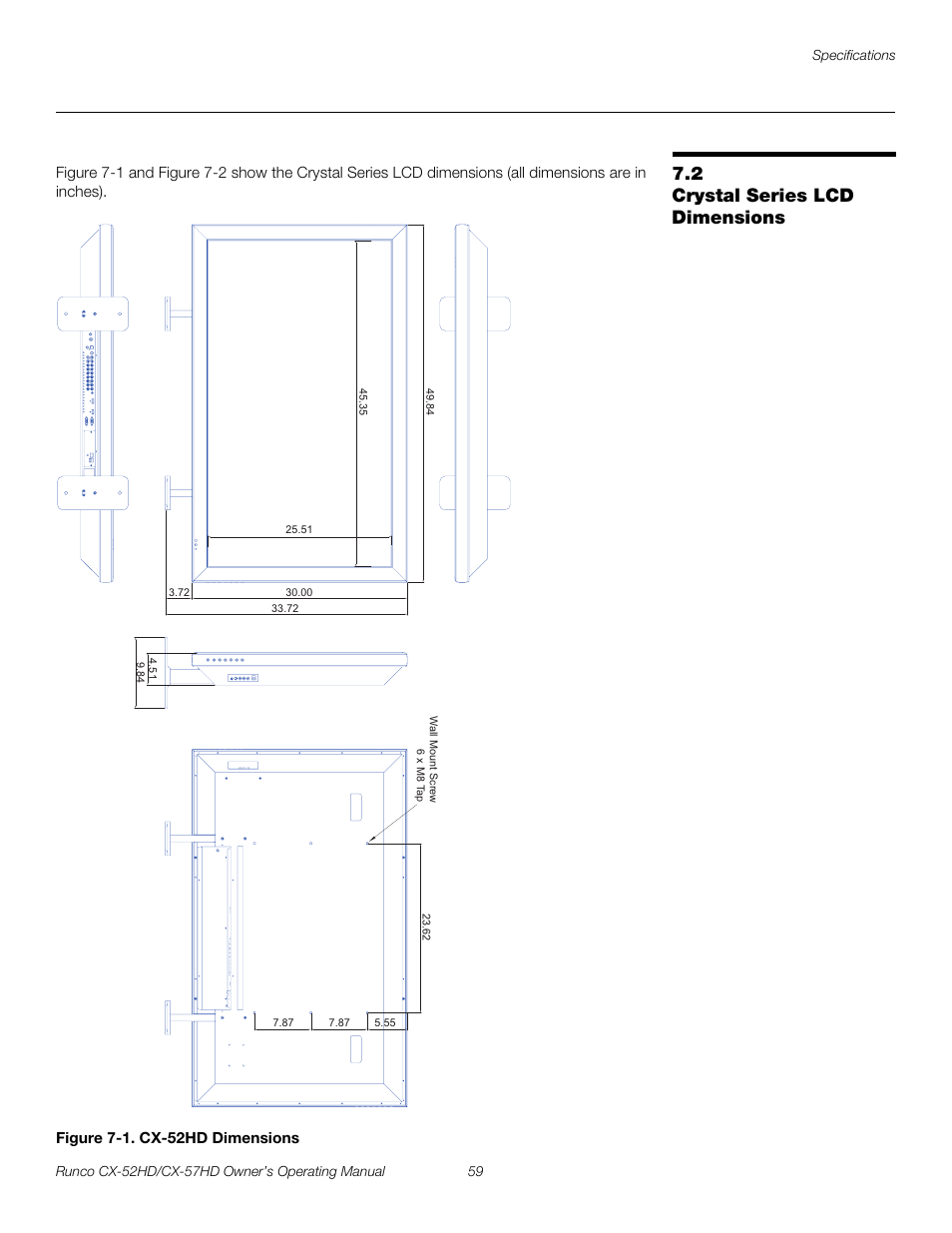 2 crystal series lcd dimensions, Figure 7-1 . cx-52hd dimensions, Crystal series lcd dimensions | 1. cx-52hd dimensions, Pre l iminar y | Runco CX-52HD User Manual | Page 71 / 76