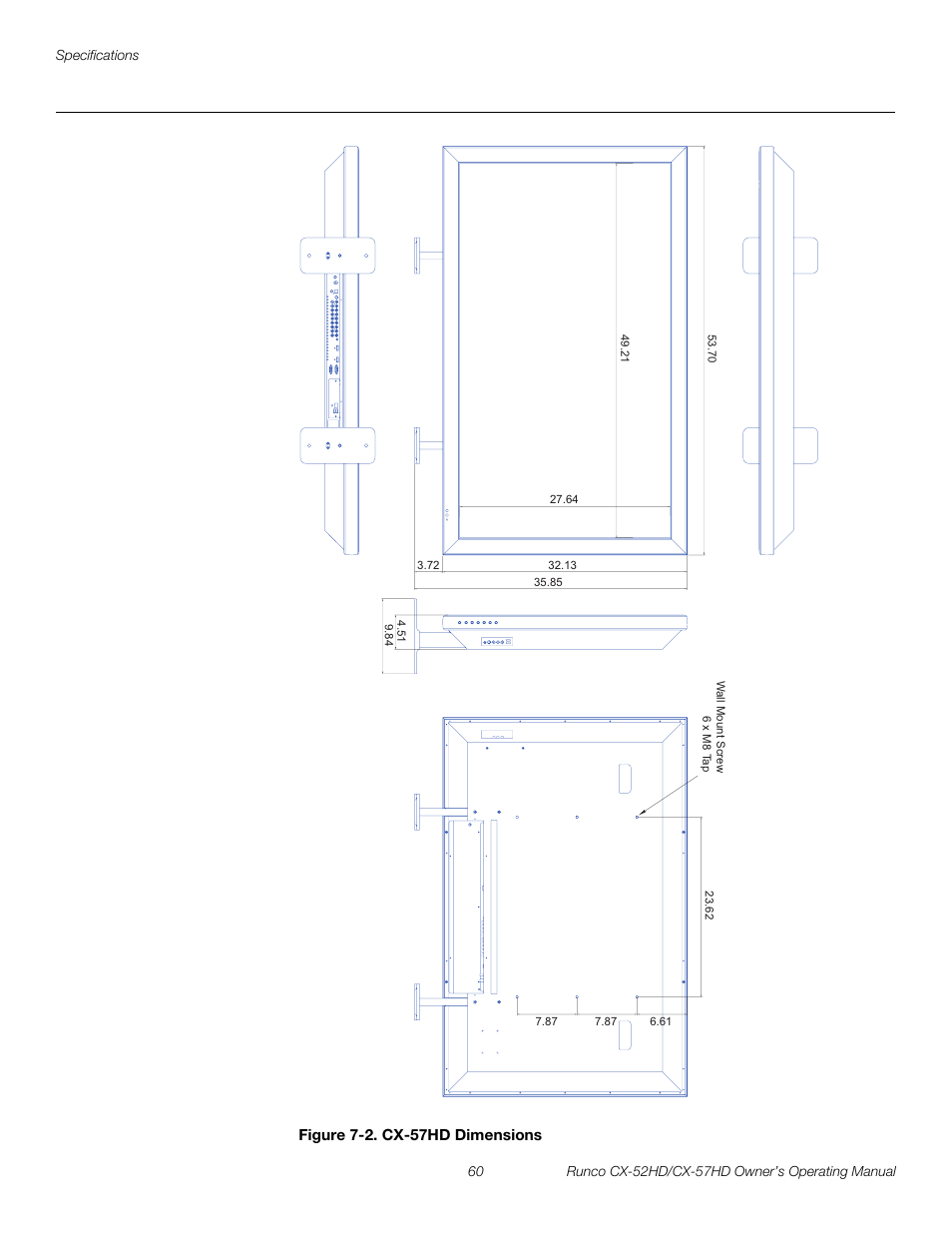 Figure 7-2 . cx-57hd dimensions, 2. cx-57hd dimensions, Preli m inary | Runco CX-52HD User Manual | Page 72 / 76