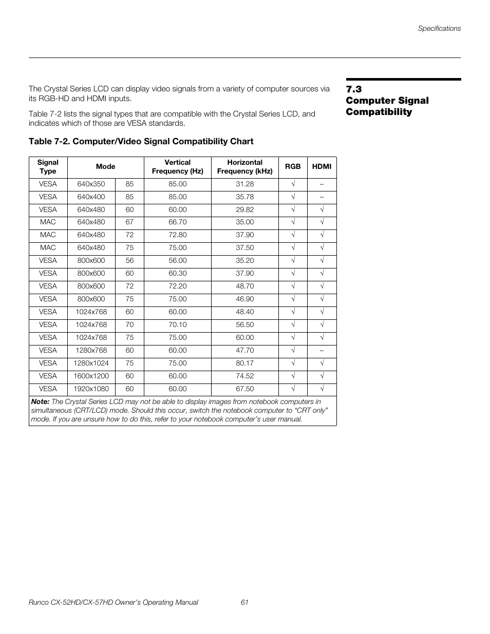 3 computer signal compatibility, Computer signal compatibility, Pre l iminar y | Runco CX-52HD User Manual | Page 73 / 76