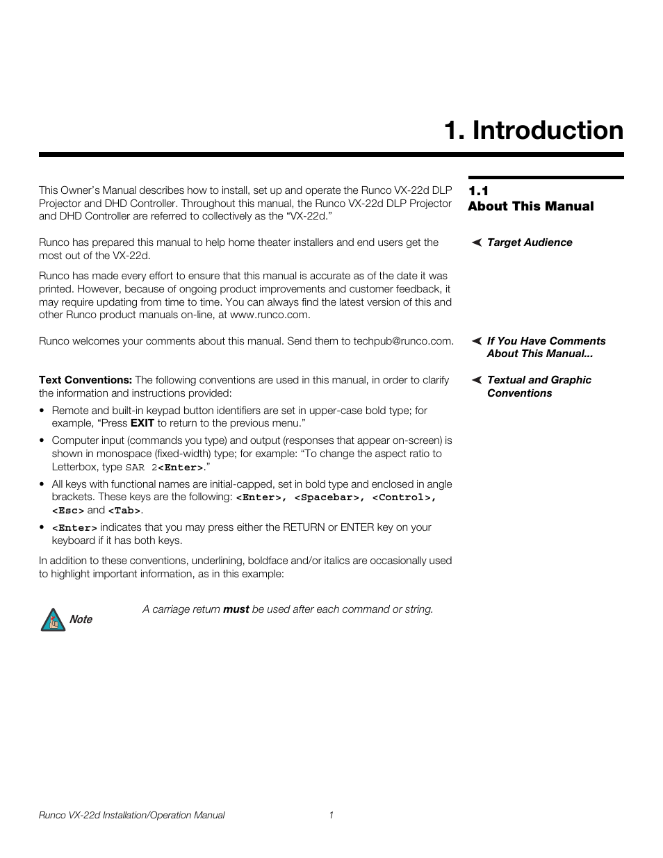 Introduction, 1 about this manual, Target audience | If you have comments about this manual, Textual and graphic conventions, Text conventions, About this manual, Pre l iminar y | Runco VIDEO XTREME VX-22D User Manual | Page 15 / 90