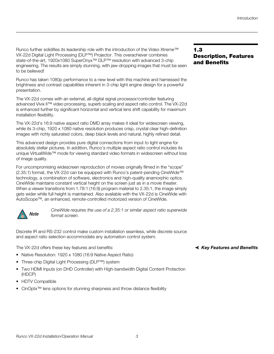 3 description, features and benefits, Key features and benefits, Description, features and benefits | Pre l iminar y | Runco VIDEO XTREME VX-22D User Manual | Page 17 / 90