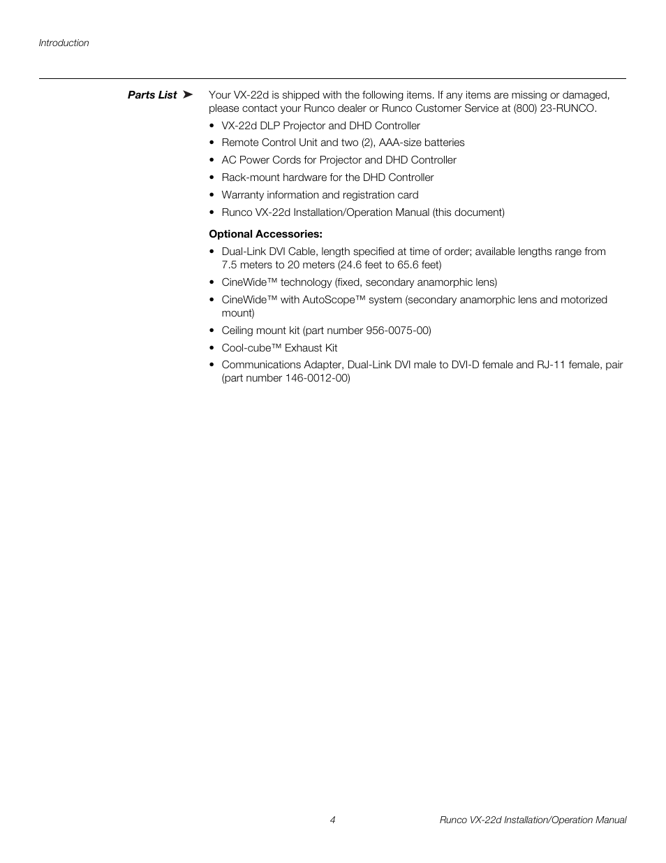 Parts list, Optional accessories, Pre l iminar y | Runco VIDEO XTREME VX-22D User Manual | Page 18 / 90