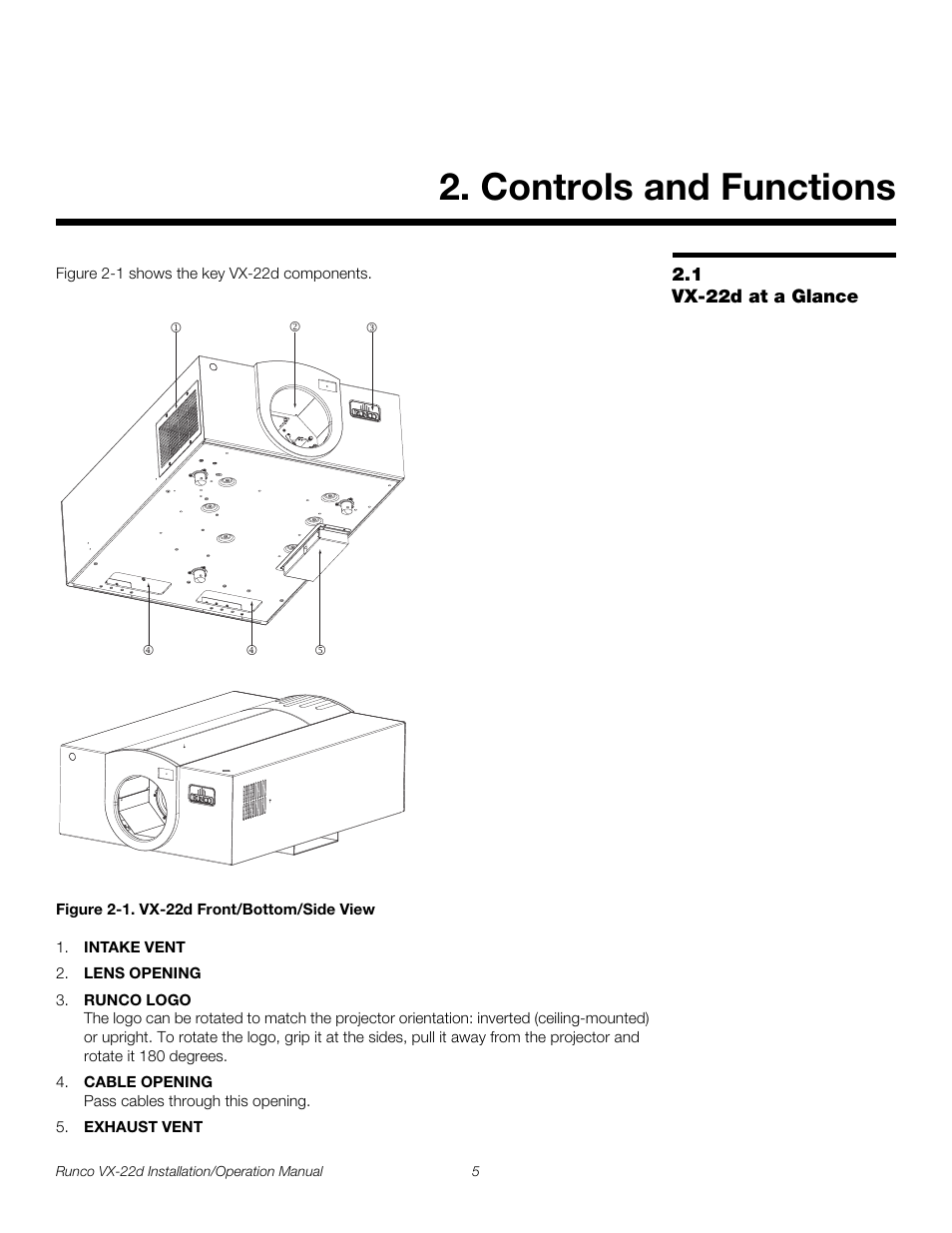 Controls and functions, 1 vx-22d at a glance, Figure 2-1 . vx-22d front/bottom/side view | Iminar, Vx-22d at a glance, 1. vx-22d front/bottom/side view, Pre l iminar y | Runco VIDEO XTREME VX-22D User Manual | Page 19 / 90