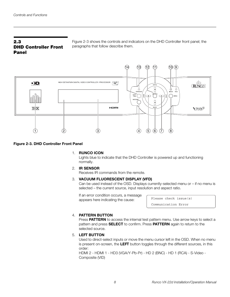 3 dhd controller front panel, Figure 2-3 . dhd controller front panel, Dhd controller front panel | 3. dhd controller front panel, Pre l iminar y | Runco VIDEO XTREME VX-22D User Manual | Page 22 / 90