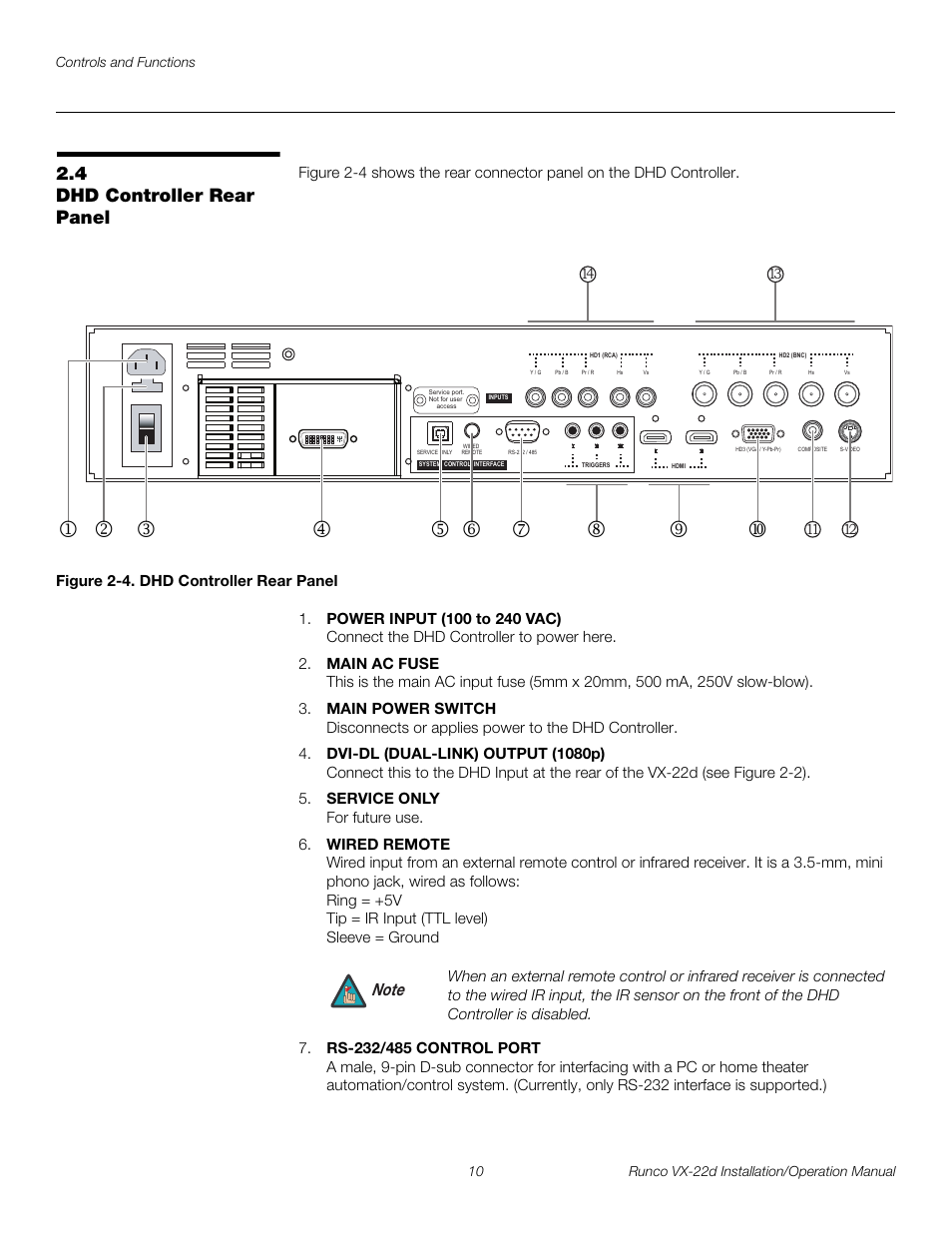 4 dhd controller rear panel, Figure 2-4 . dhd controller rear panel, Dhd controller rear panel | 4. dhd controller rear panel, Pre l iminar y | Runco VIDEO XTREME VX-22D User Manual | Page 24 / 90