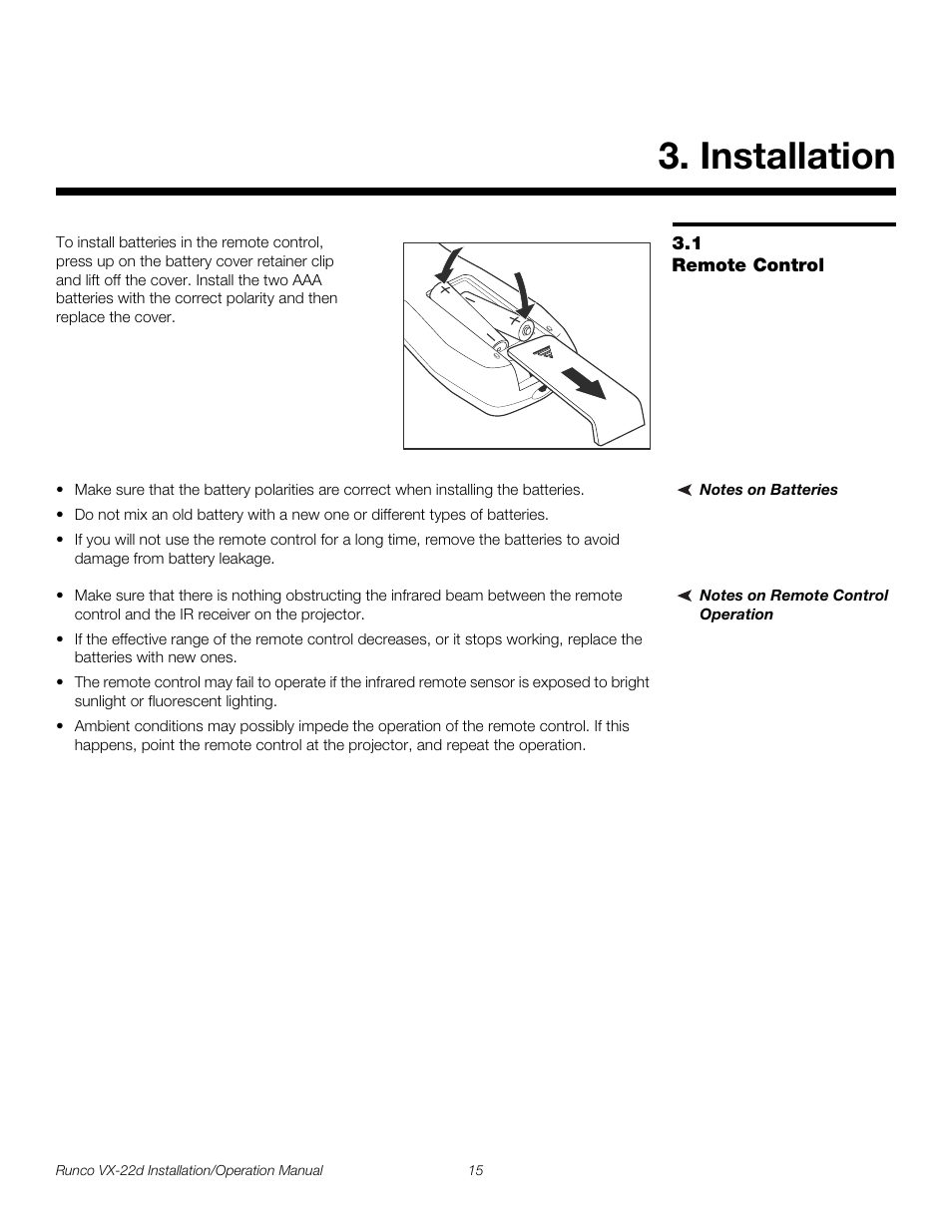 Installation, 1 remote control, Notes on batteries | Notes on remote control operation, Remote control, Pre l iminar y | Runco VIDEO XTREME VX-22D User Manual | Page 29 / 90
