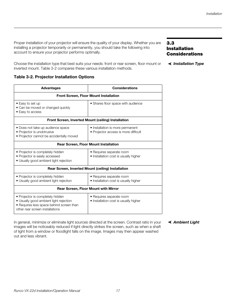 3 installation considerations, Installation type, Table 3-2 . projector installation options | Ambient light, Installation considerations, Pre l iminar y | Runco VIDEO XTREME VX-22D User Manual | Page 31 / 90