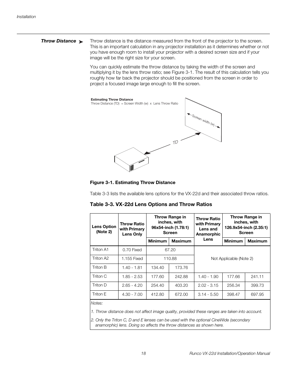 Throw distance, Figure 3-1 . estimating throw distance, Table 3-3 . vx-22d lens options and throw ratios | 1. estimating throw distance, Pre l iminar y | Runco VIDEO XTREME VX-22D User Manual | Page 32 / 90