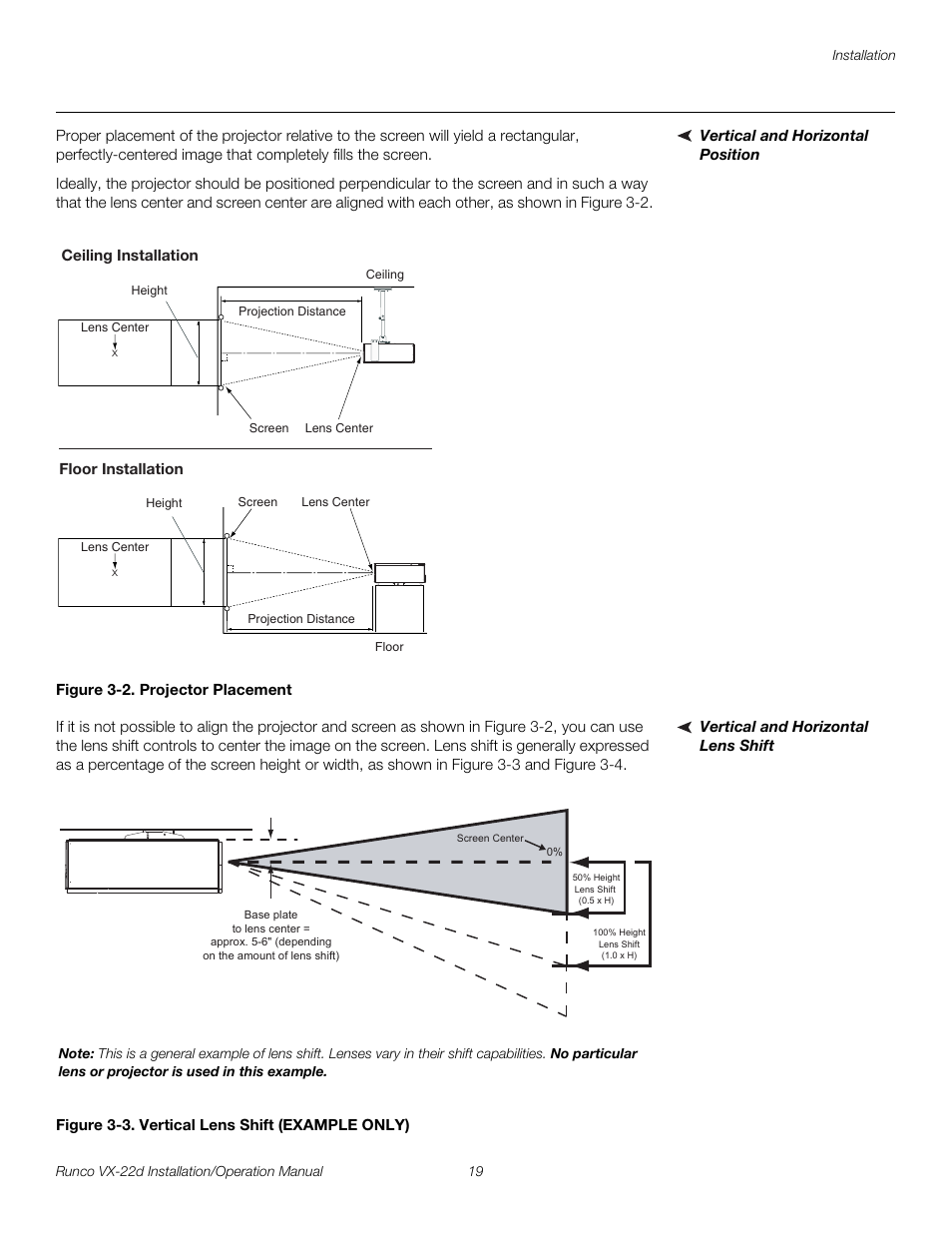 Vertical and horizontal position, Figure 3-2 . projector placement, Vertical and horizontal lens shift | Figure 3-3 . vertical lens shift (example only), 2. projector placement, 3. vertical lens shift (example only), Pre l iminar y | Runco VIDEO XTREME VX-22D User Manual | Page 33 / 90