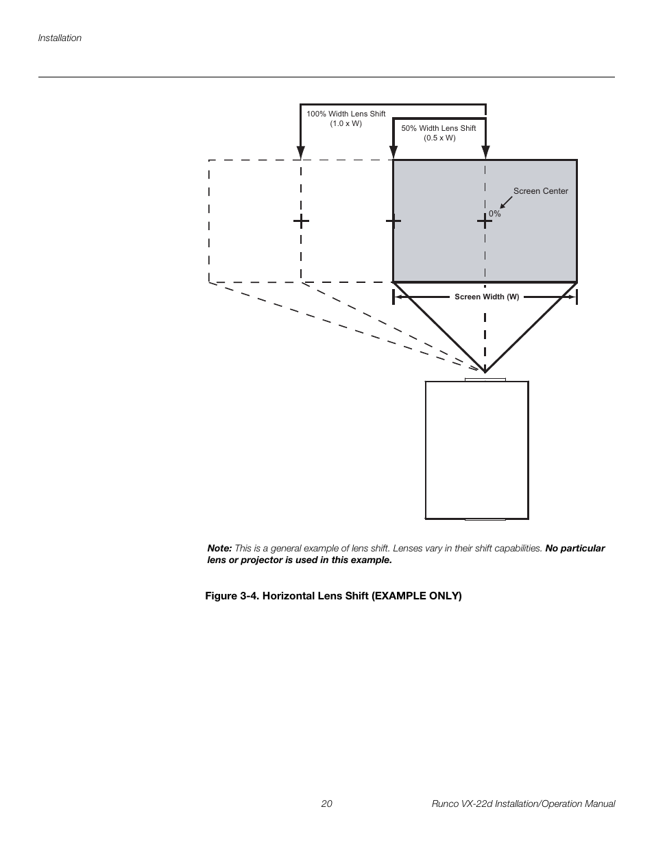 Figure 3-4 . horizontal lens shift (example only), 4. horizontal lens shift (example only), Figure 3-4 | Pre l iminar y | Runco VIDEO XTREME VX-22D User Manual | Page 34 / 90
