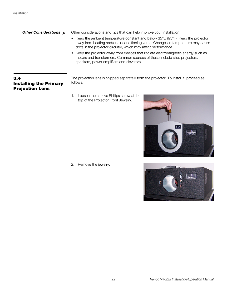 Other considerations, 4 installing the primary projection lens, Installing the primary projection lens | Pre l iminar y | Runco VIDEO XTREME VX-22D User Manual | Page 36 / 90