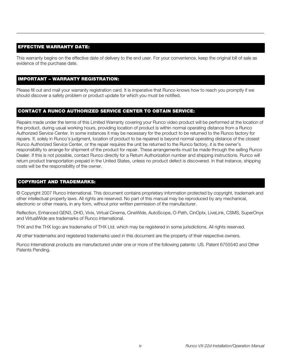 Pre l iminar y | Runco VIDEO XTREME VX-22D User Manual | Page 4 / 90